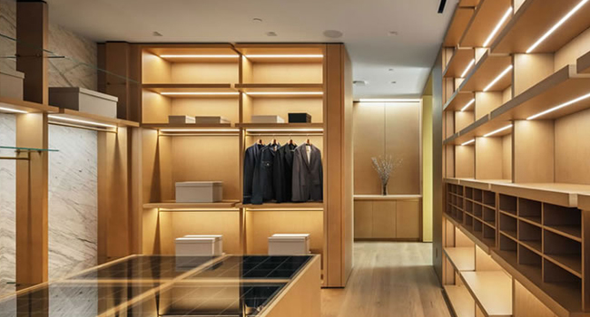 interior design: Walk-in closet with wood finish